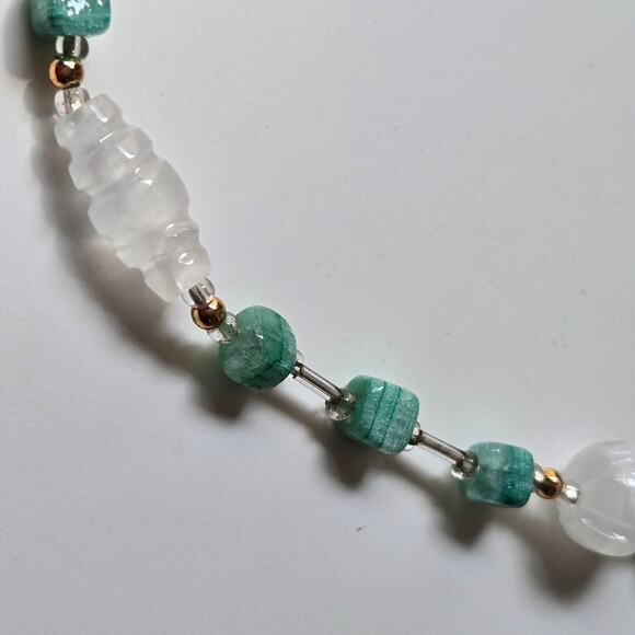 Glass Beaded Necklace with Square Sea Green Beads & White Glass Cut Beads - Picture 7 of 11